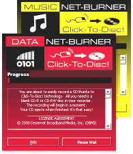 Screen Shots of Music and Data Net-Burner Applets as they burn CD's.  Click to pick free CDs or try the free demo WIZARDS that makes the Data or Music Applets.